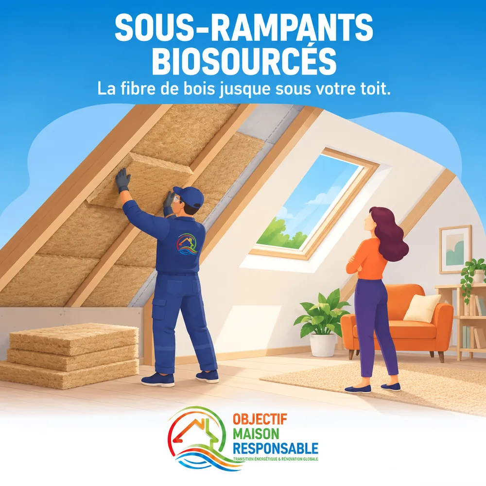 Illustration : isolation biosourcée posée sous les rampants de toiture d'un pavillon