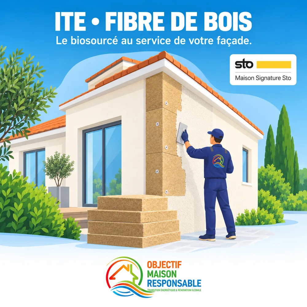 Illustration : pose d'un isolant en fibre de bois sur la façade d'une maison en Île-de-France