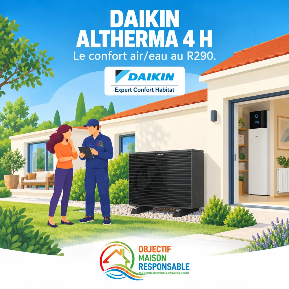Illustration : unité extérieure de pompe à chaleur air/eau Daikin Altherma installée contre une façade