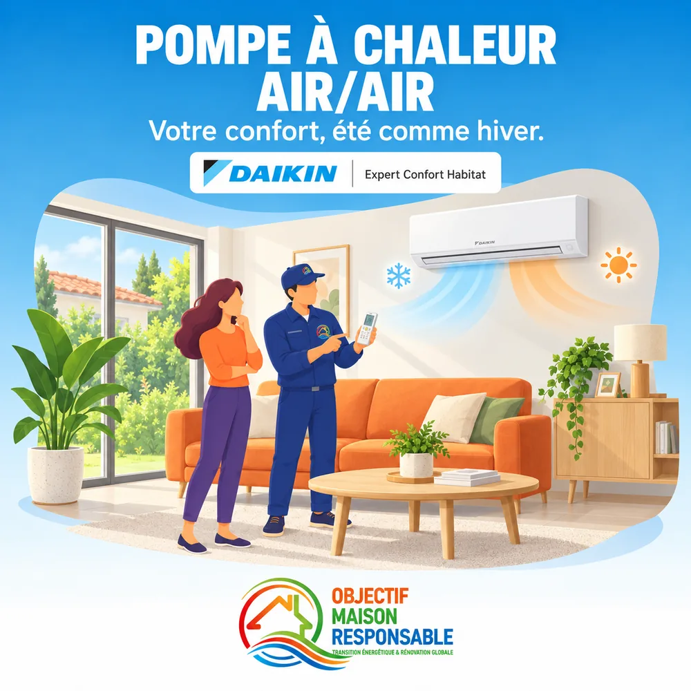 Illustration : unité intérieure murale de pompe à chaleur air/air Daikin dans un séjour