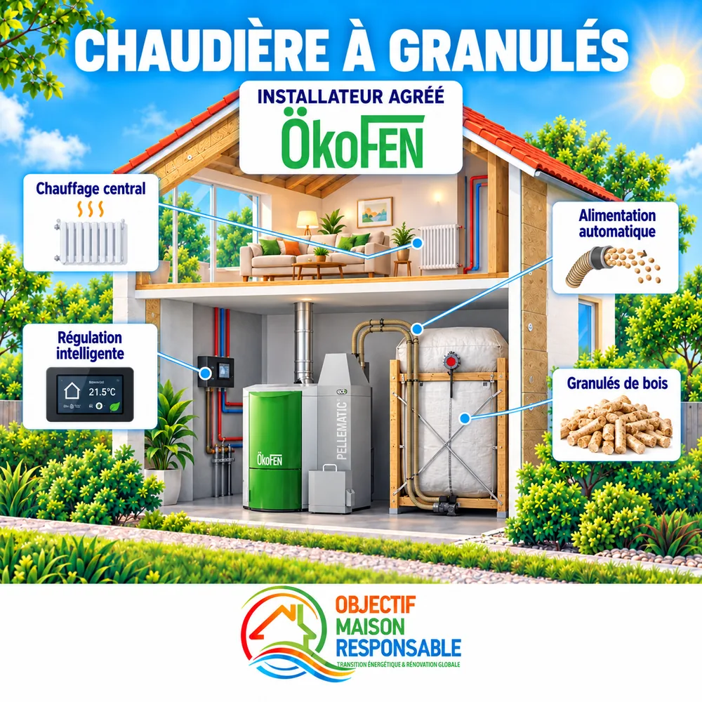 Illustration : chaufferie à granulés ÖkoFEN avec silo de stockage